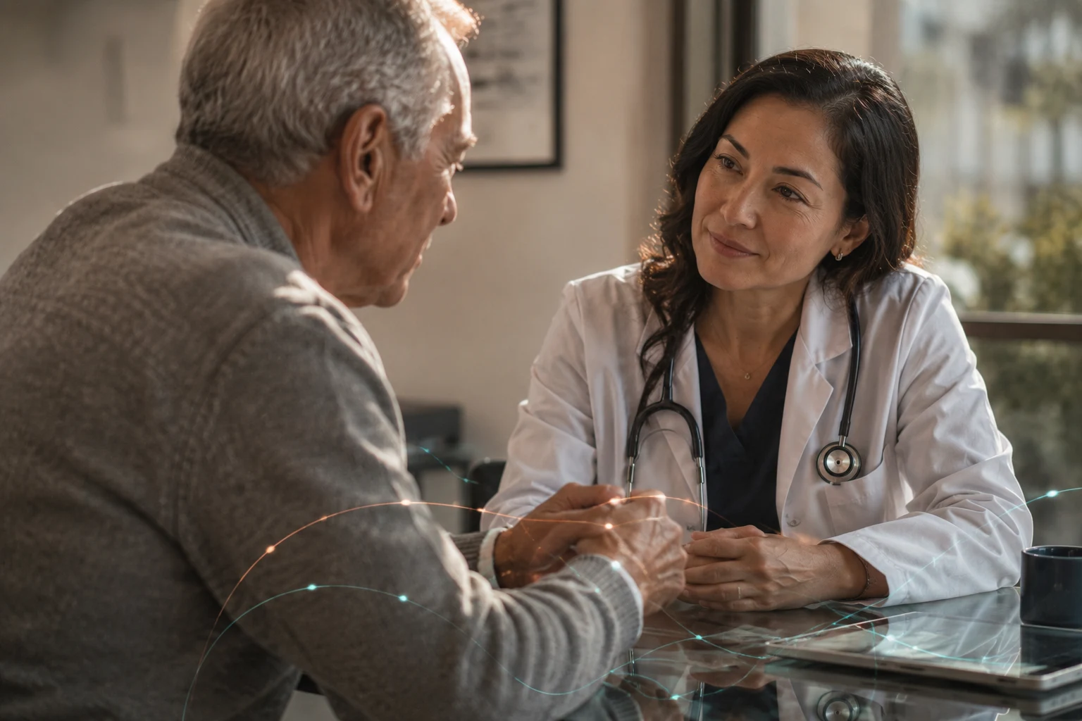 A physician sits with an older man and talks him through the next steps of his heart-failure care after leaving the hospital.